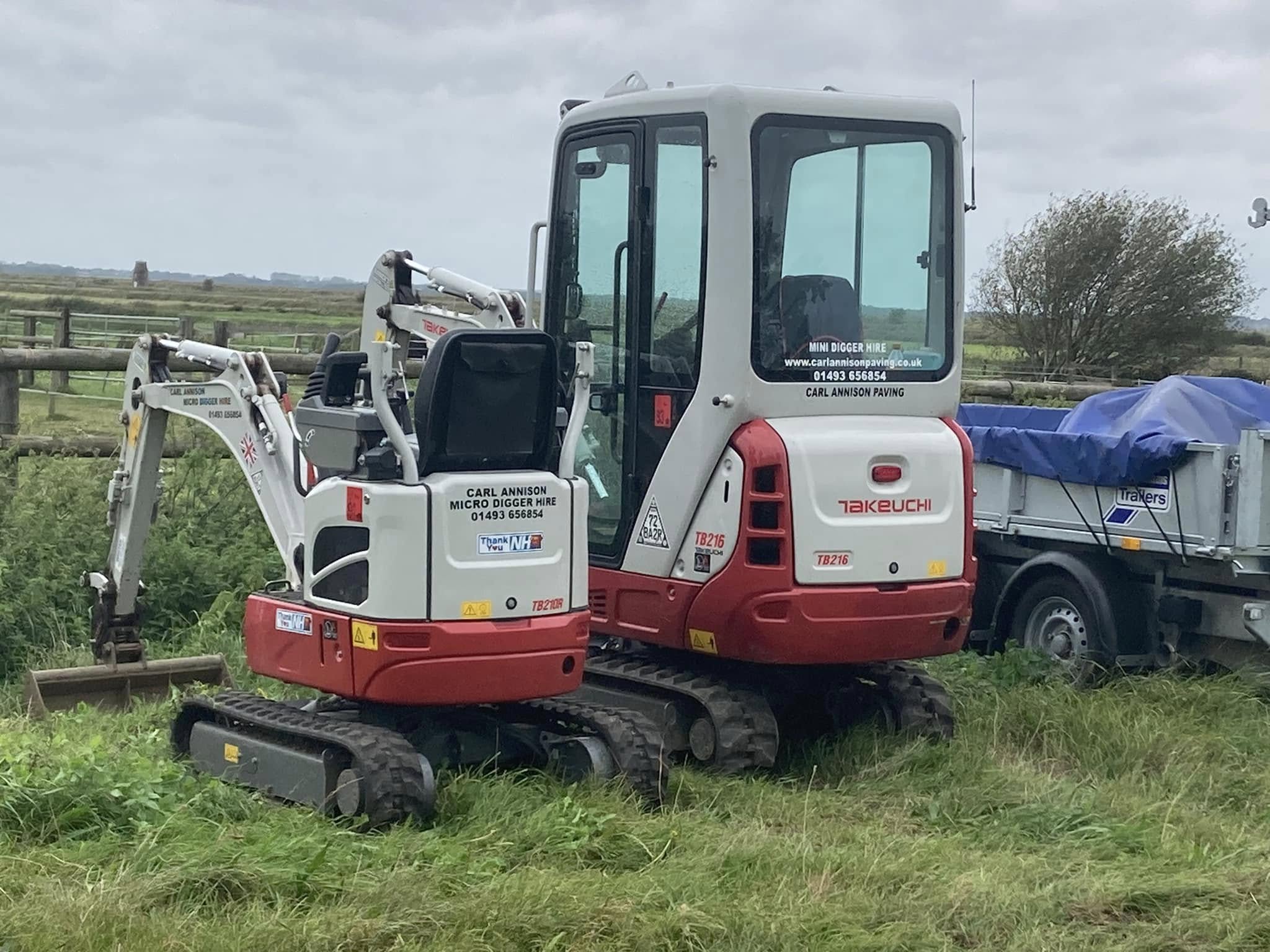A yellow and black mini digger with a bucket attachment, parked on a patch of earth ready for site clearance.